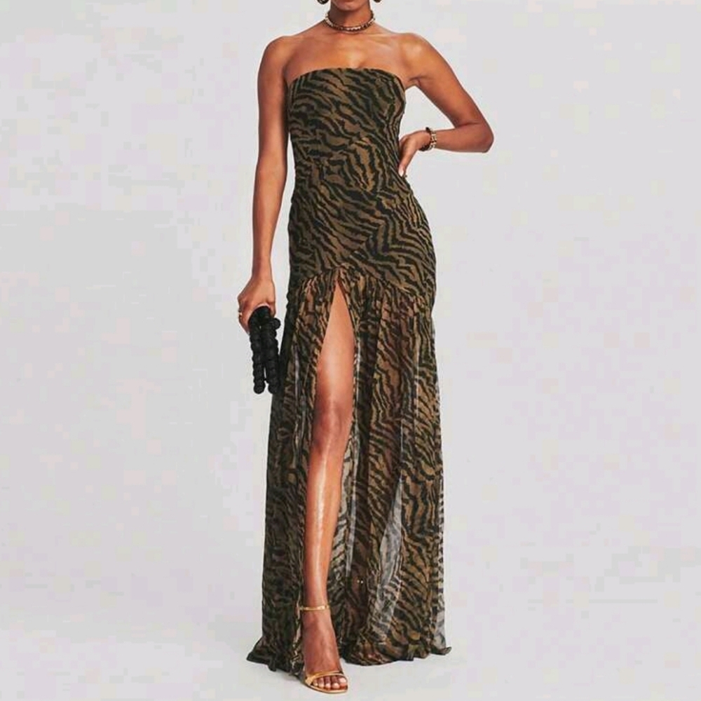 Women Tube Top Dress Slim Strapless Backless Mesh Patchwork Maxi Dress Leopard